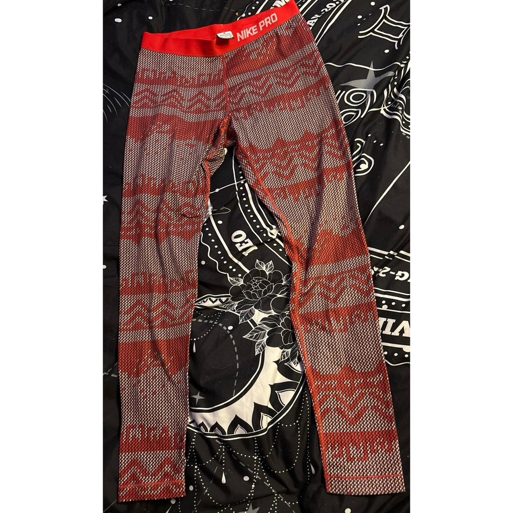 Nike Pro Dri-FIT Women's Red & Black Sweater Print Activewear Leggings, XL